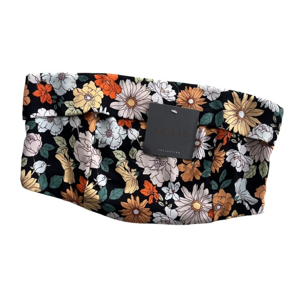 LE LIS Women Small Black Orange Beige Floral Smocked Strapless Crop Top Boho New - Picture 1 of 11